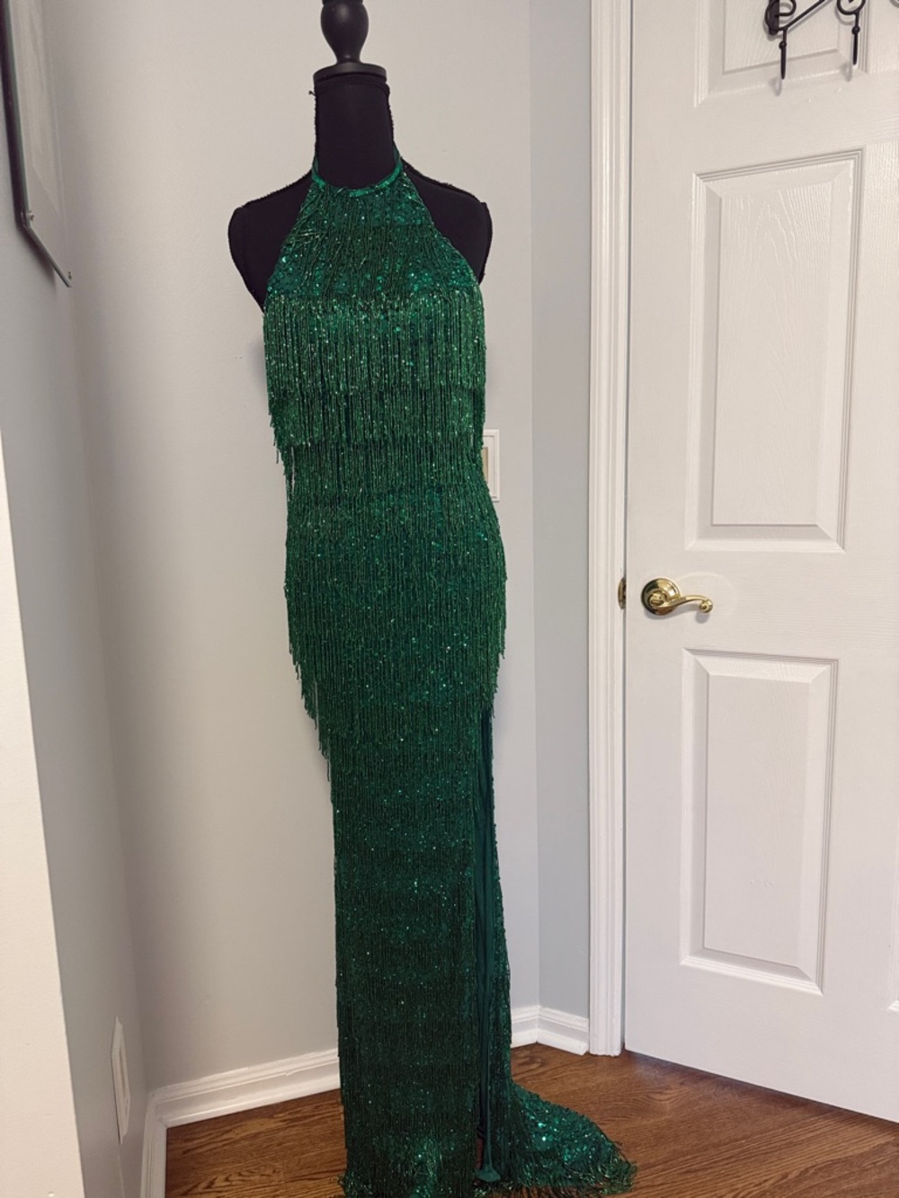 Rachel Allan Emerald Beaded Fringe Halter Dress
